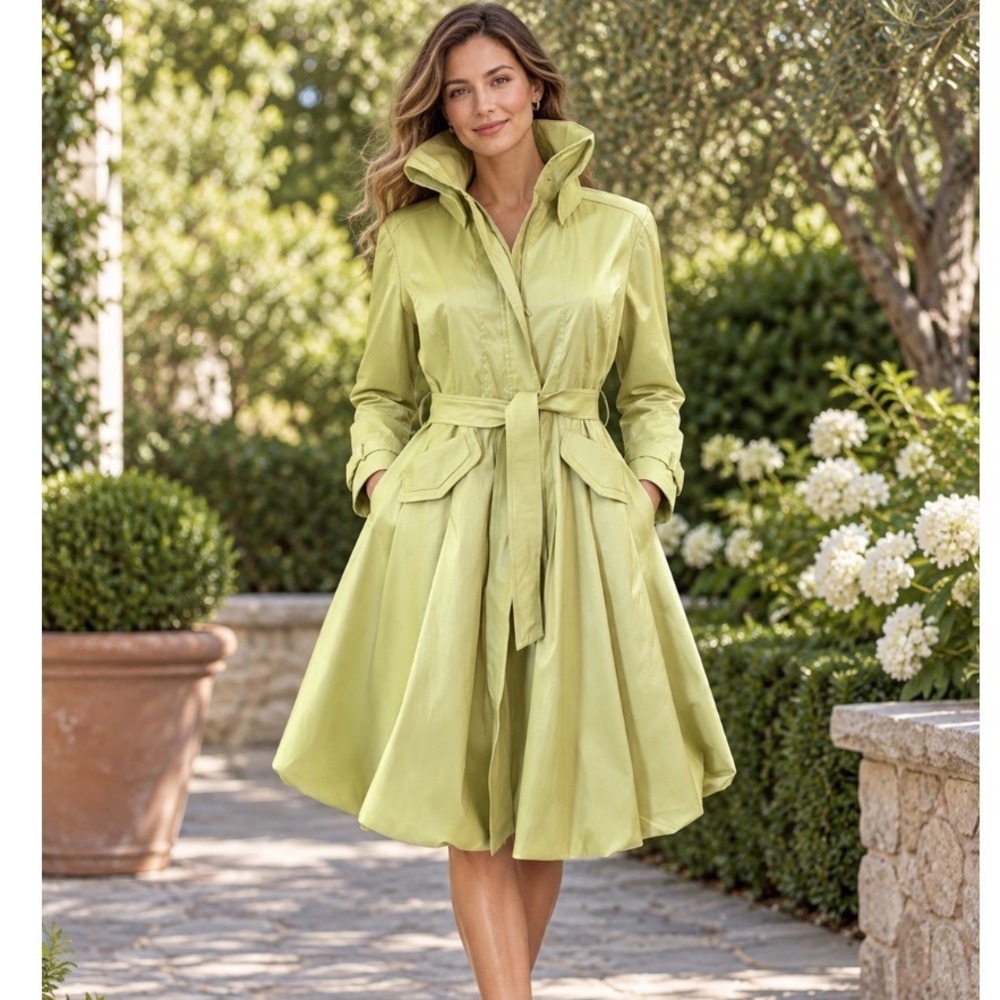 D & Y Green Taffeta Bubble Hem Trench Coat Fit & Flare Belted Jacket SZ L
